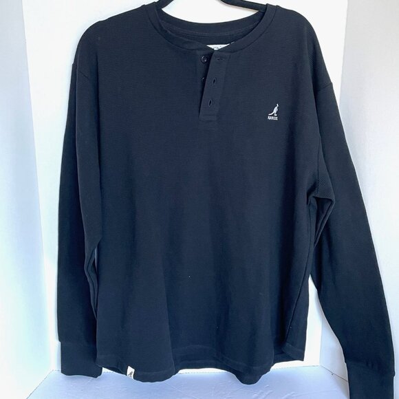 Kangol Henley Waffle Knit Shirt Mens XL Black Cotton Thermal Long Sleeve - Picture 3 of 6